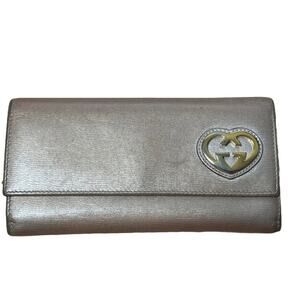 Authentic GUCCI Womens Metallic Heart GG Continental Wallet Champagne Leather